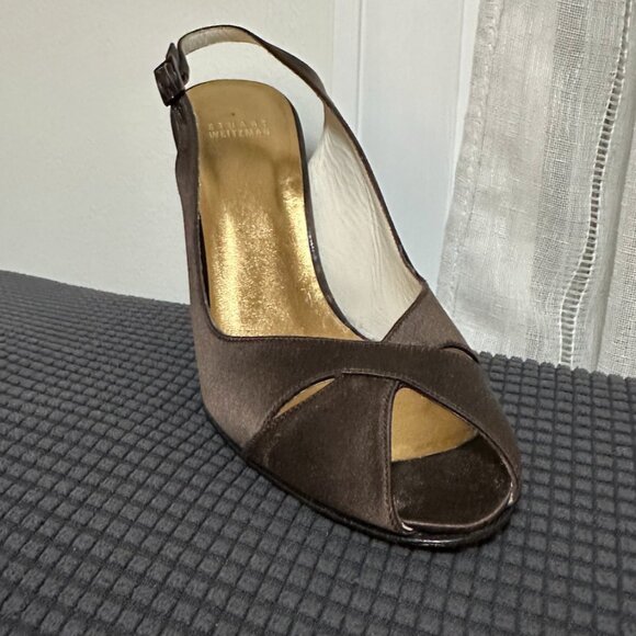 Stuart Weitzman Chocolate Brown Satin Peep-Toe Slingback Heels Size 9 - Picture 6 of 14